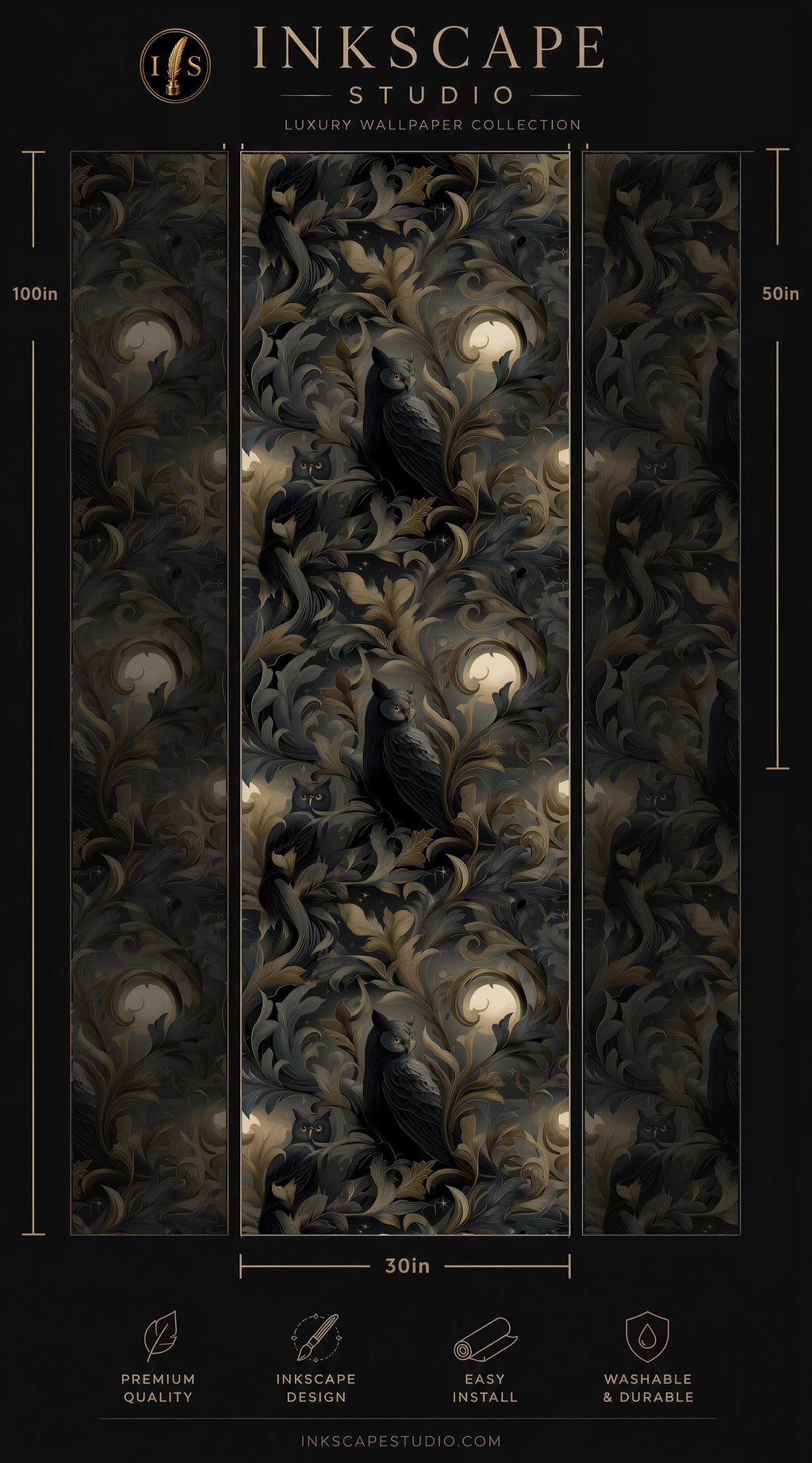 The image is a collage of three images featuring a black and gold floral pattern with a bird motif. The images are arranged in a vertical format, with the top image being the largest and the bottom image being the smallest. The collage showcases the intricate design and artistic elements of the wallpaper pattern.