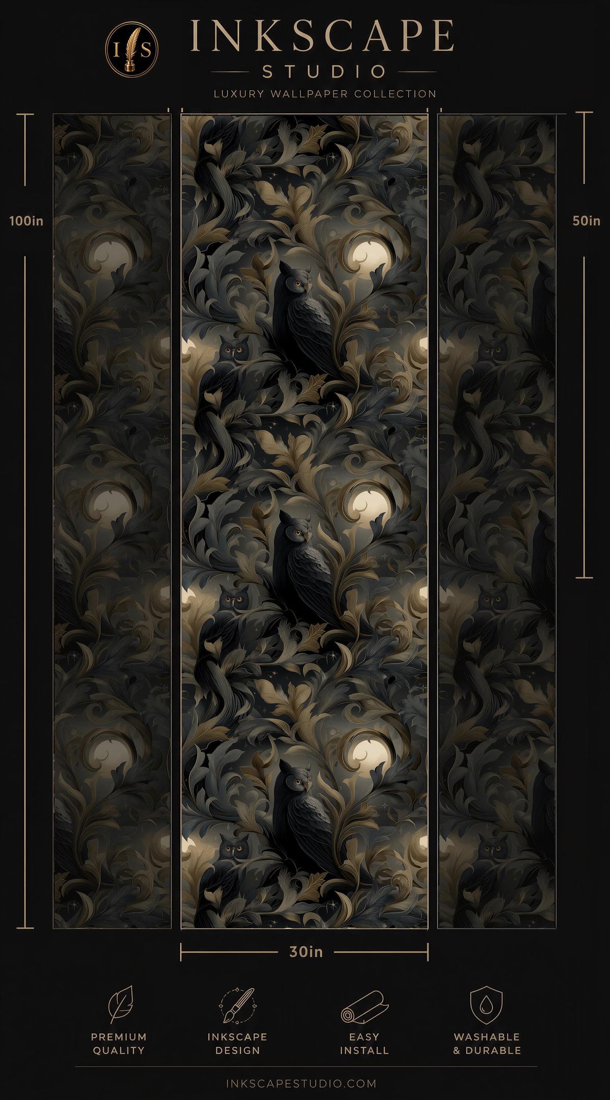 The image is a collage of three images featuring a black and gold floral pattern with a bird motif. The images are arranged in a vertical format, with the top image being the largest and the bottom image being the smallest. The collage showcases the intricate design and artistic elements of the wallpaper pattern.