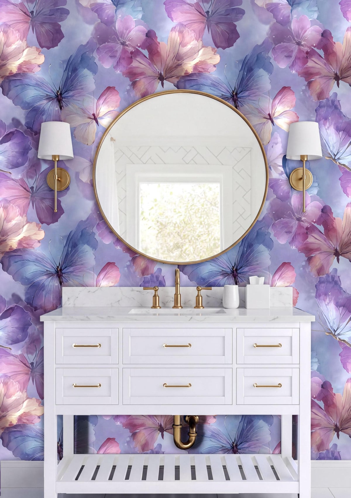 a bathroom with a white vanity and a round mirror above it. The walls are covered in a vibrant purple and pink floral wallpaper, creating a colorful and lively atmosphere. The bathroom also includes two wall sconces and a white sink with gold fixtures.