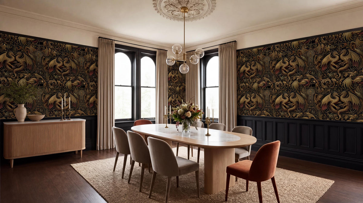 a luxurious dining room with a large wooden table surrounded by plush chairs, a chandelier overhead, and a patterned wallpaper on the walls.