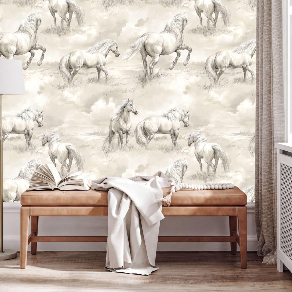 a wallpapered wall with a repeating pattern of horses in a field, along with a wooden bench and a book on the floor in front of it.