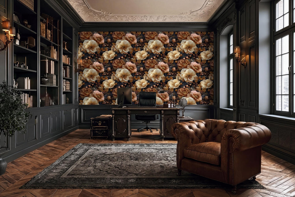 a luxurious and elegant office space with a large floral wallpaper covering the wall behind a desk and a comfortable leather armchair.