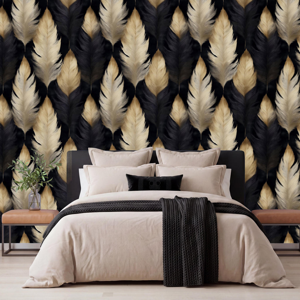 a modern bedroom with a large bed, dark headboard, and a wallpapered wall with a repeating pattern of black and gold feathers.