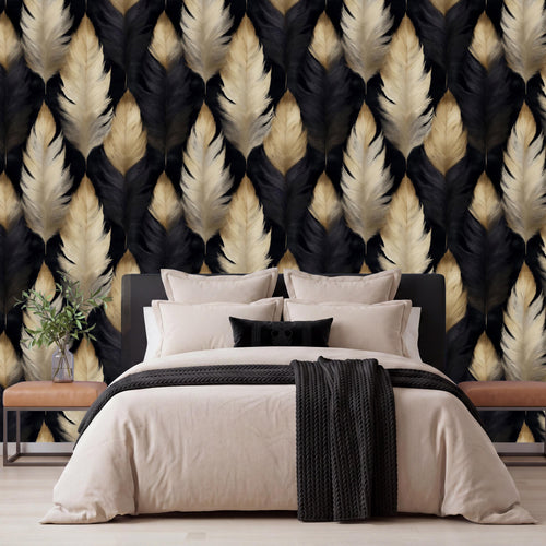 a modern bedroom with a large bed, dark headboard, and a wallpapered wall with a repeating pattern of black and gold feathers.