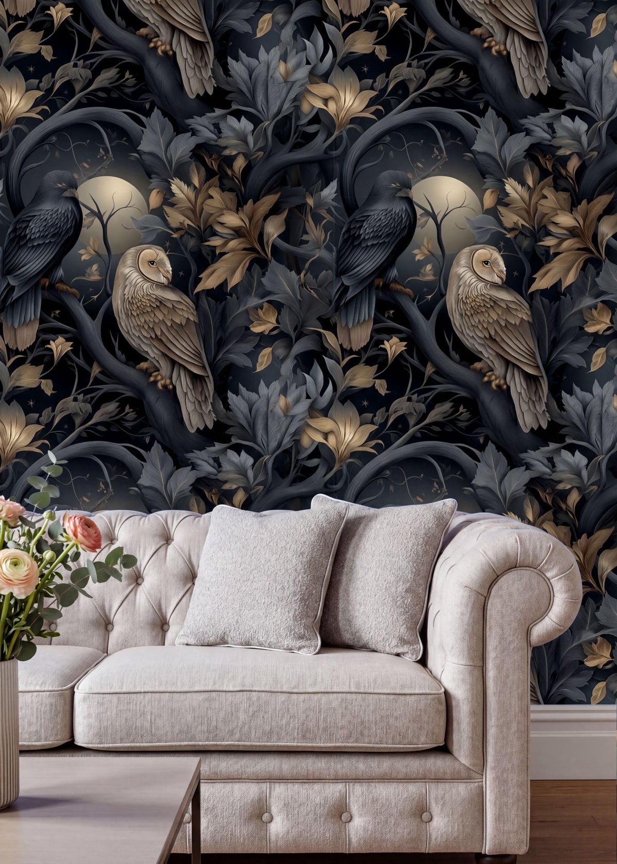a dark, ornate wallpaper with a floral pattern, and a white tufted sofa with two white pillows in the foreground.
