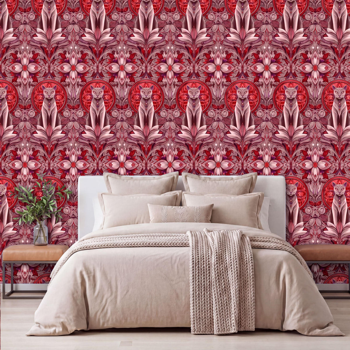 a bedroom with a large bed, a wooden nightstand, and a patterned wallpaper with a repeating design of cats and flowers in shades of red and pink.