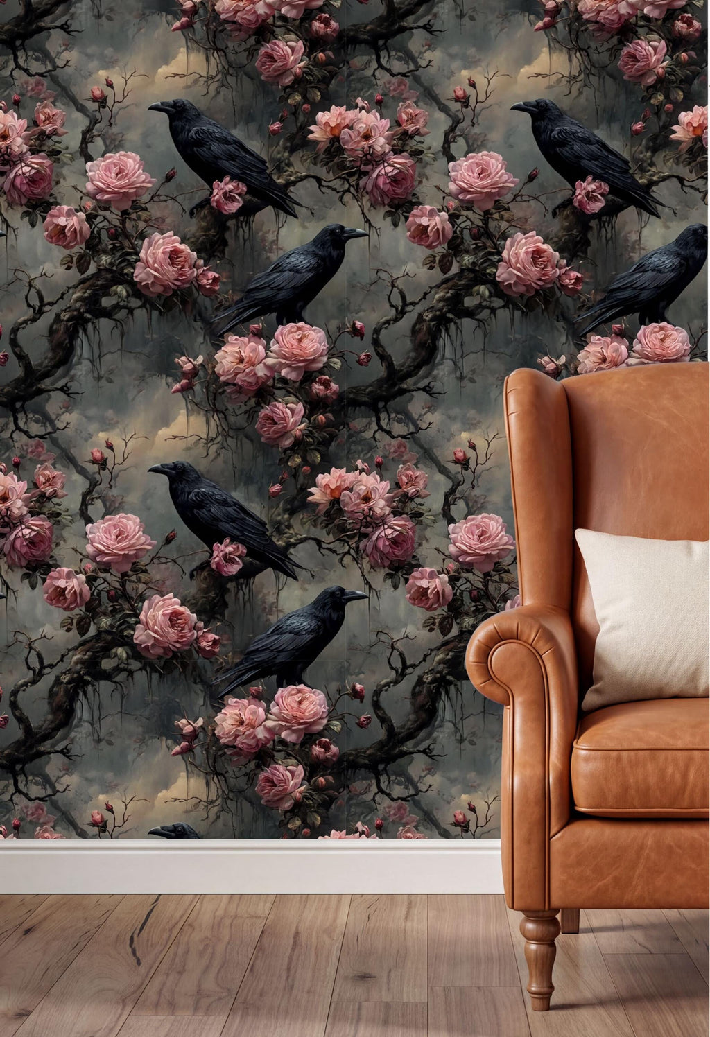 a dark-colored leather armchair with a floral wallpaper behind it, creating a cozy and elegant atmosphere.