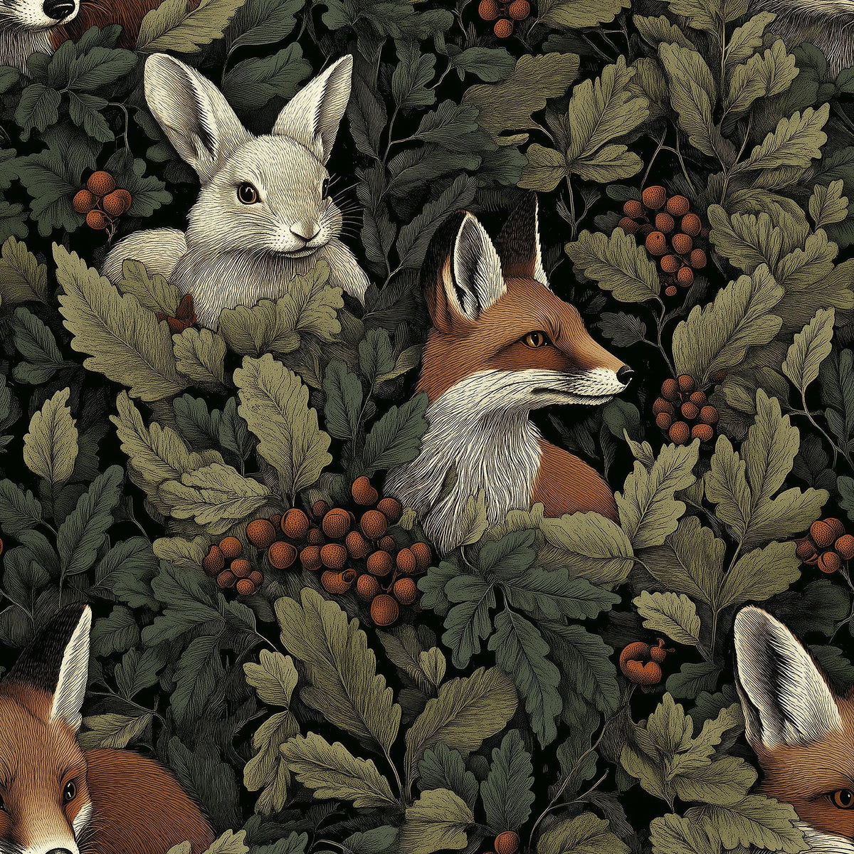 The image is a detailed illustration of a fox and a rabbit in a forest setting, surrounded by lush green foliage and clusters of berries.