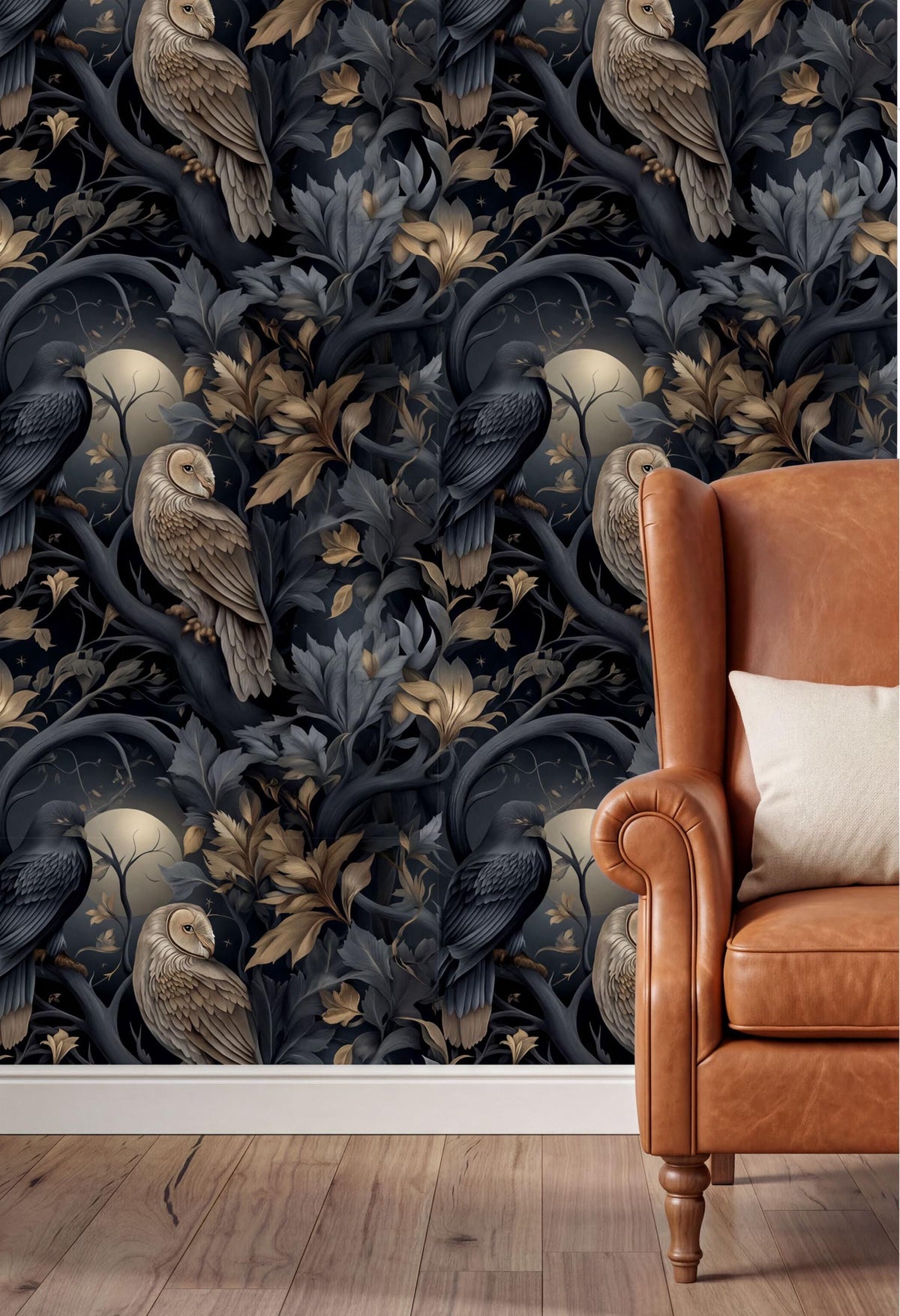 a dark, ornate wallpaper with a repeating pattern of owls and leaves in shades of blue, gold, and black. The wallpaper is set against a wooden floor and a brown leather armchair is visible in the foreground.