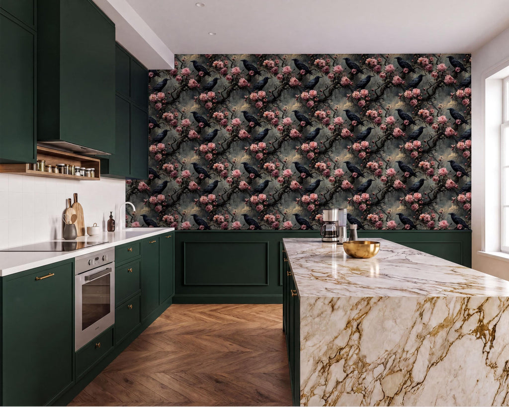 a modern kitchen with a marble countertop, dark green cabinets, and a floral wallpaper pattern.