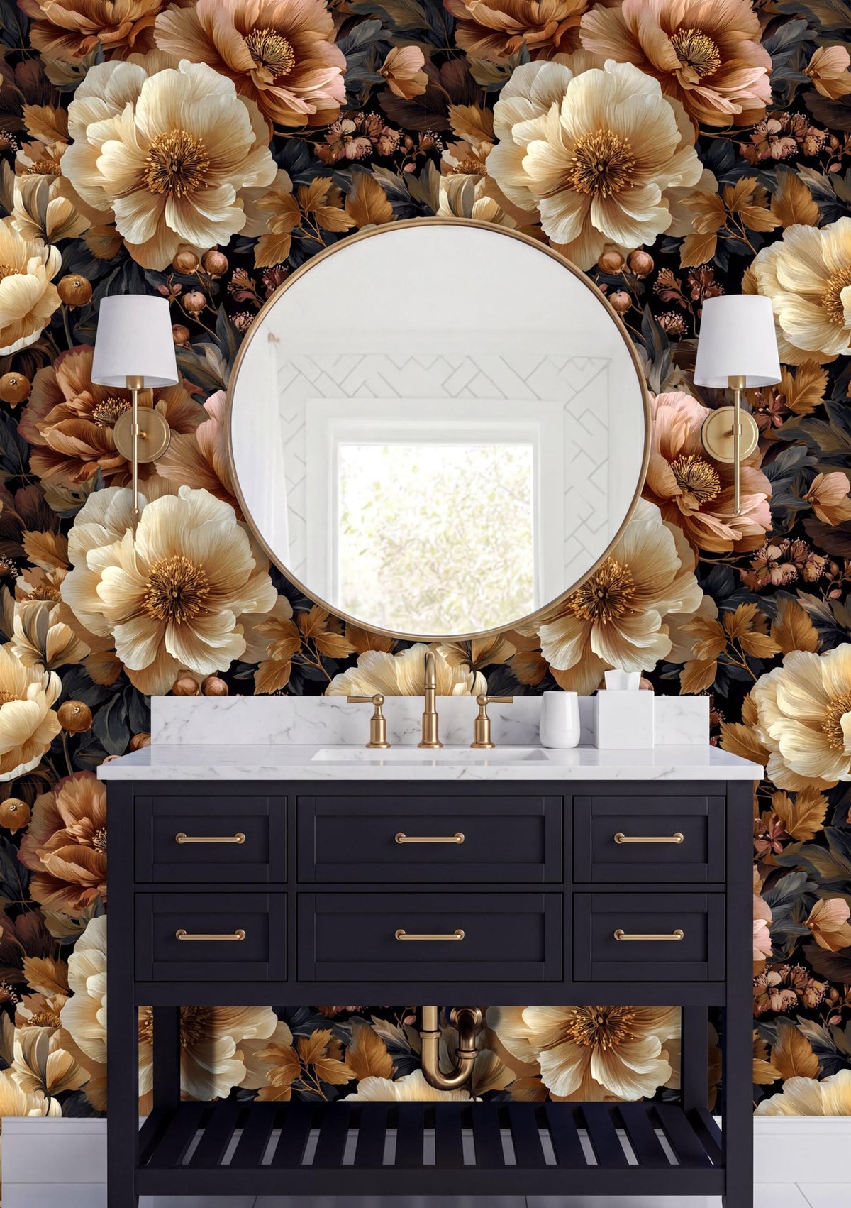 a bathroom vanity with a black cabinet and a round mirror above it. The vanity has gold handles and is set against a wall with a floral wallpaper in shades of gold and brown.
