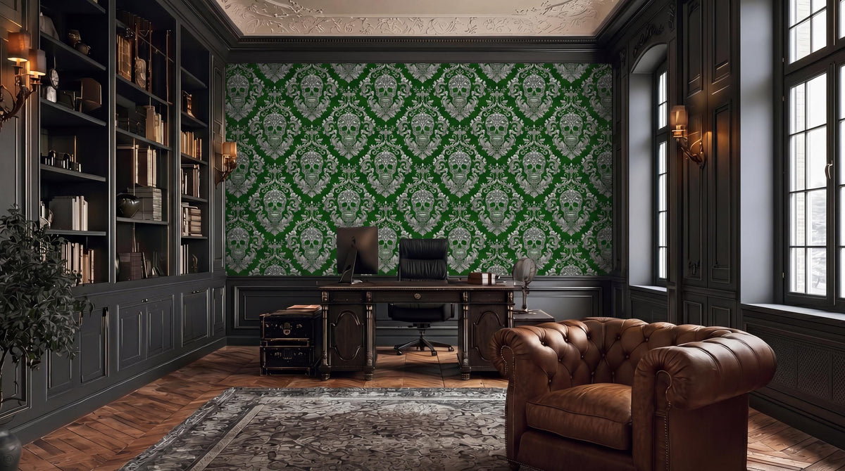 a luxurious and well-appointed home office with a large green and white damask wallpaper covering the wall behind a desk. The room is furnished with a leather armchair, a wooden desk, and a large window that allows natural light to flood the space. The room also features a bookshelf filled with books and various decorative items, creating a sophisticated and organized atmosphere.
