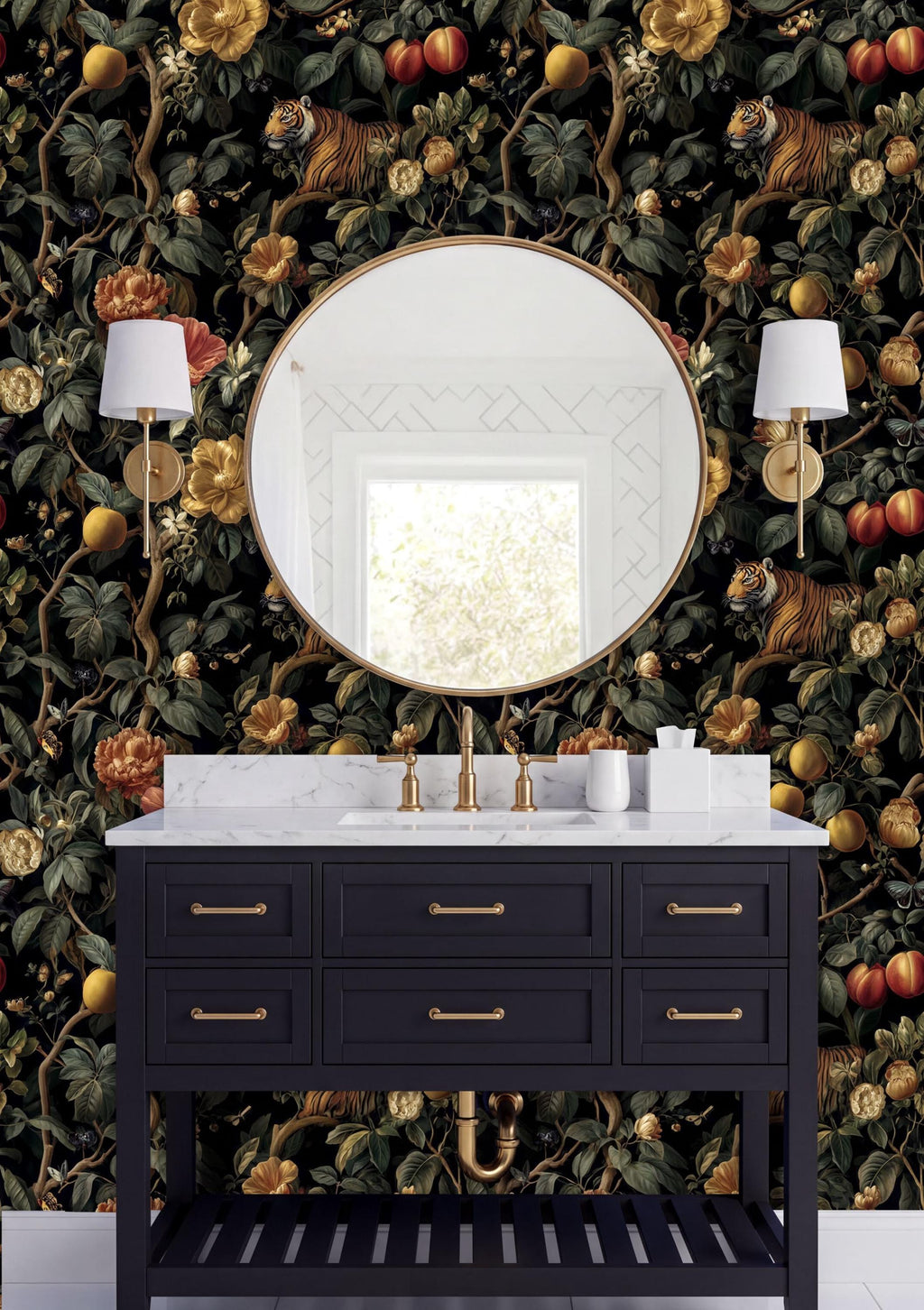 a bathroom vanity with a black cabinet and a round mirror above it, set against a wall with a vibrant floral wallpaper.