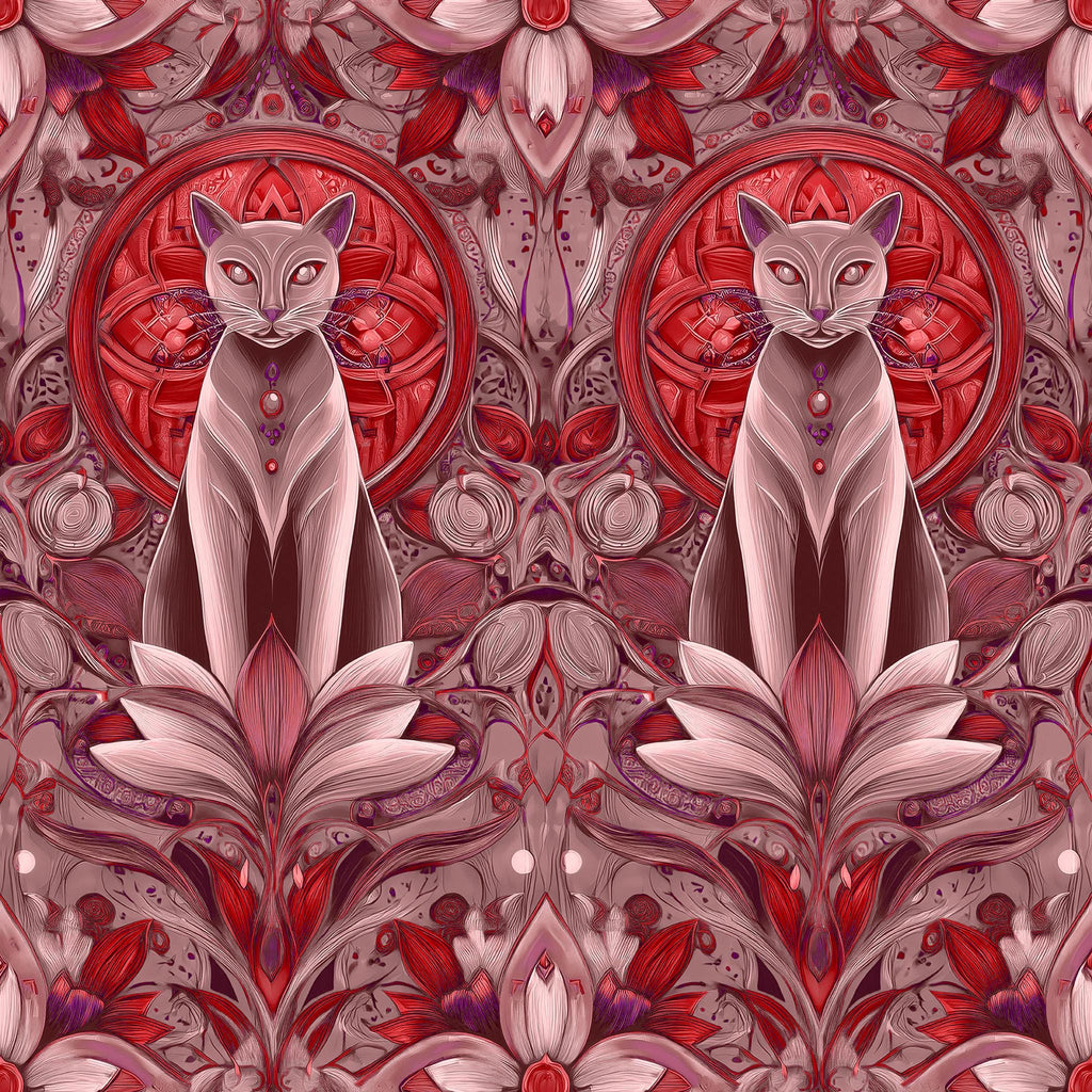 The image is a vibrant, intricate pattern featuring two cats sitting amidst a floral and abstract design. The cats are surrounded by a repeating pattern of red and pink flowers and leaves, creating a visually striking and harmonious composition.