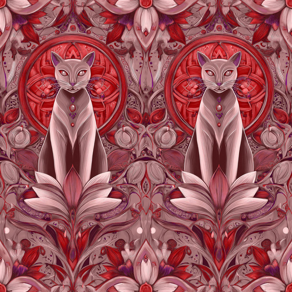 The image is a vibrant, intricate pattern featuring two cats sitting amidst a floral and abstract design. The cats are surrounded by a repeating pattern of red and pink flowers and leaves, creating a visually striking and harmonious composition.