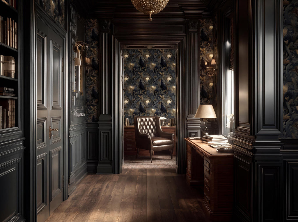 a luxurious and ornate room with dark wood paneling, a chandelier, and a desk with a lamp.