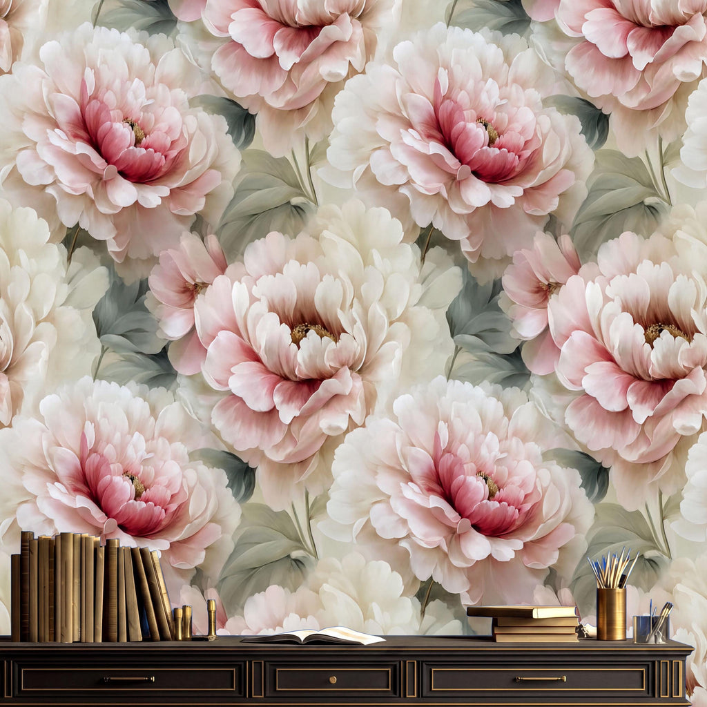 a large floral wallpaper with pink and white flowers, creating a serene and elegant atmosphere. In the foreground, there is a wooden desk with a black surface, a stack of books, and a small vase with flowers.