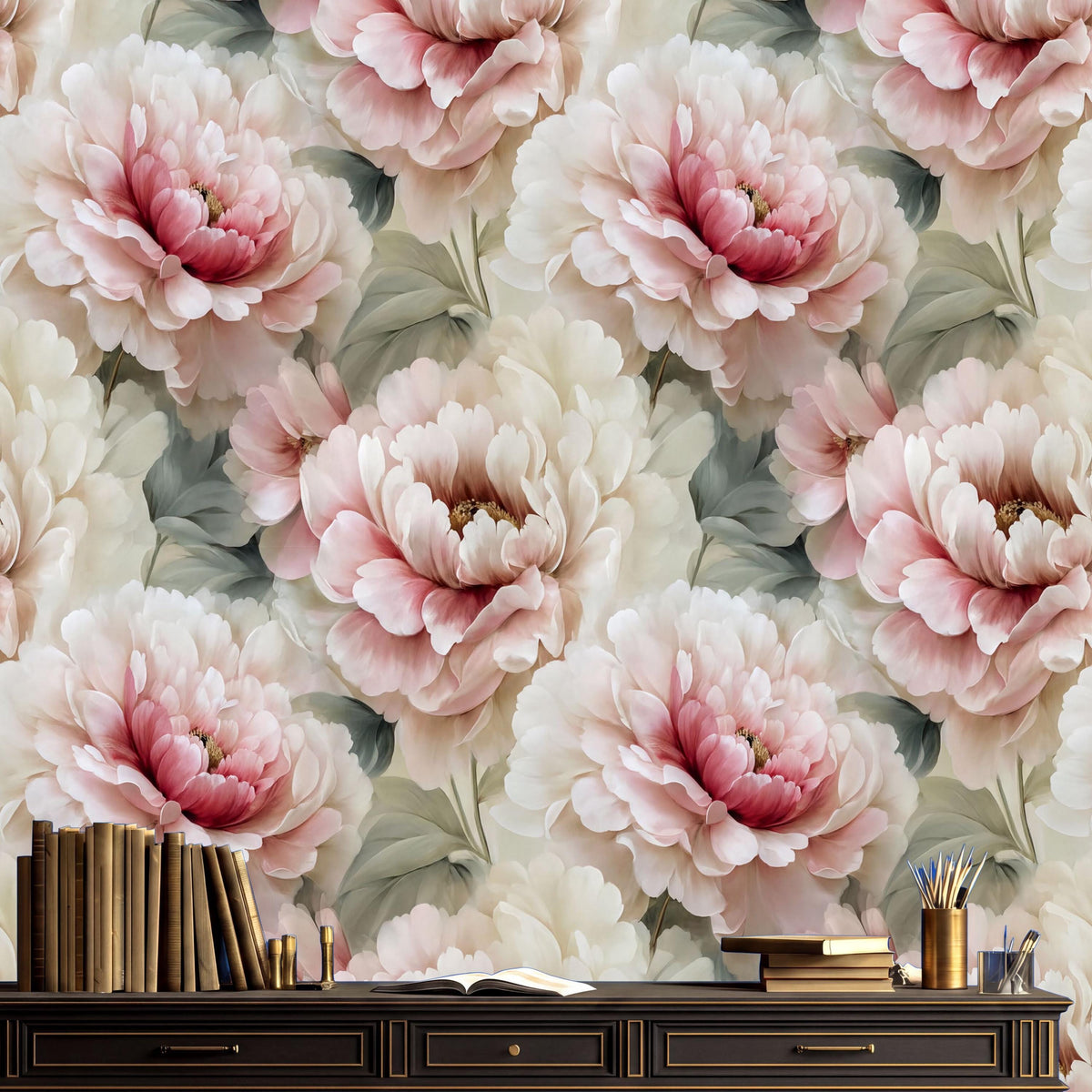 a large floral wallpaper with pink and white flowers, creating a serene and elegant atmosphere. In the foreground, there is a wooden desk with a black surface, a stack of books, and a small vase with flowers.