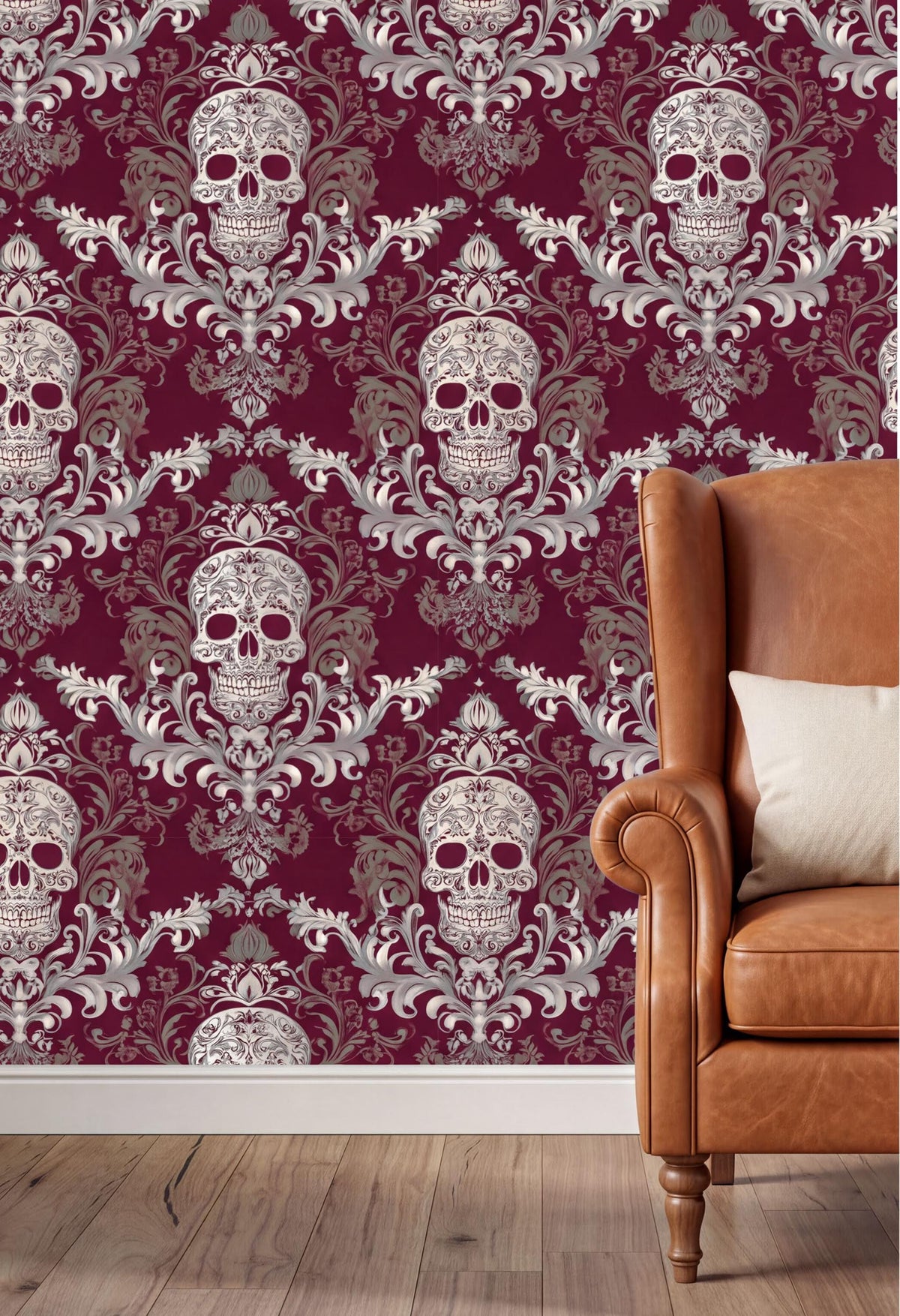 a wallpapered wall with a repeating pattern of skull designs in shades of burgundy and gray, creating a striking and bold visual effect. In the foreground, there is a brown leather armchair with a white pillow, providing a cozy and inviting seating area.