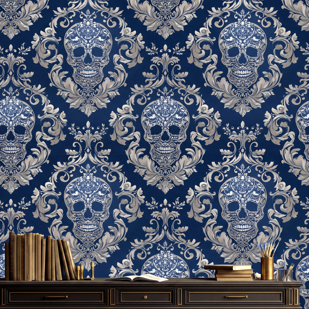 a dark blue wallpaper with a repeating pattern of white skull designs, creating a striking and dramatic visual effect. In the foreground, there is a wooden dresser with a stack of books and a vase of flowers, adding a touch of elegance and warmth to the scene.
