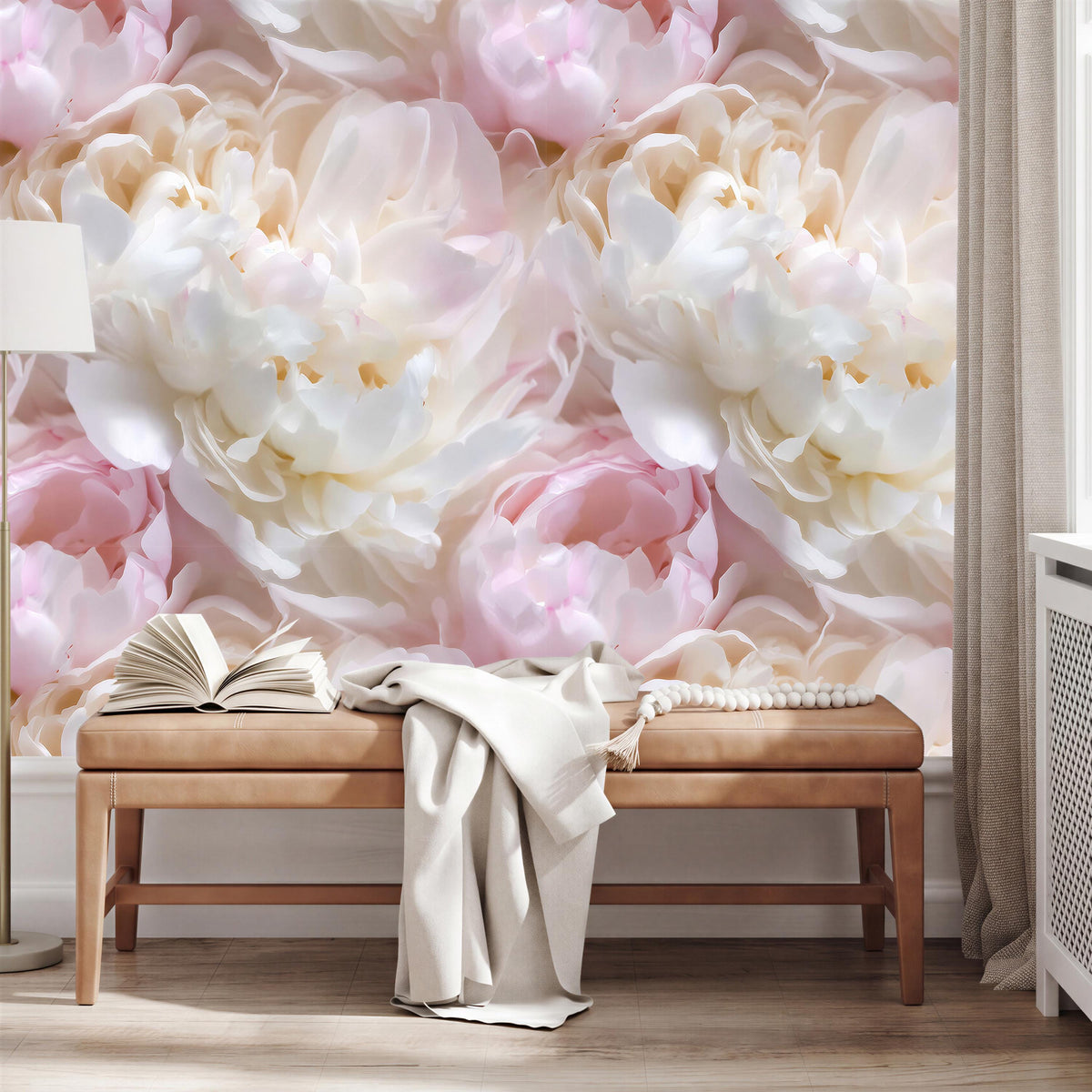 a large floral wallpaper with pink and white flowers, creating a serene and elegant atmosphere. In the foreground, there is a wooden bench with an open book and a white blanket draped over it. The setting appears to be a cozy and inviting space, possibly a living room or a bedroom.