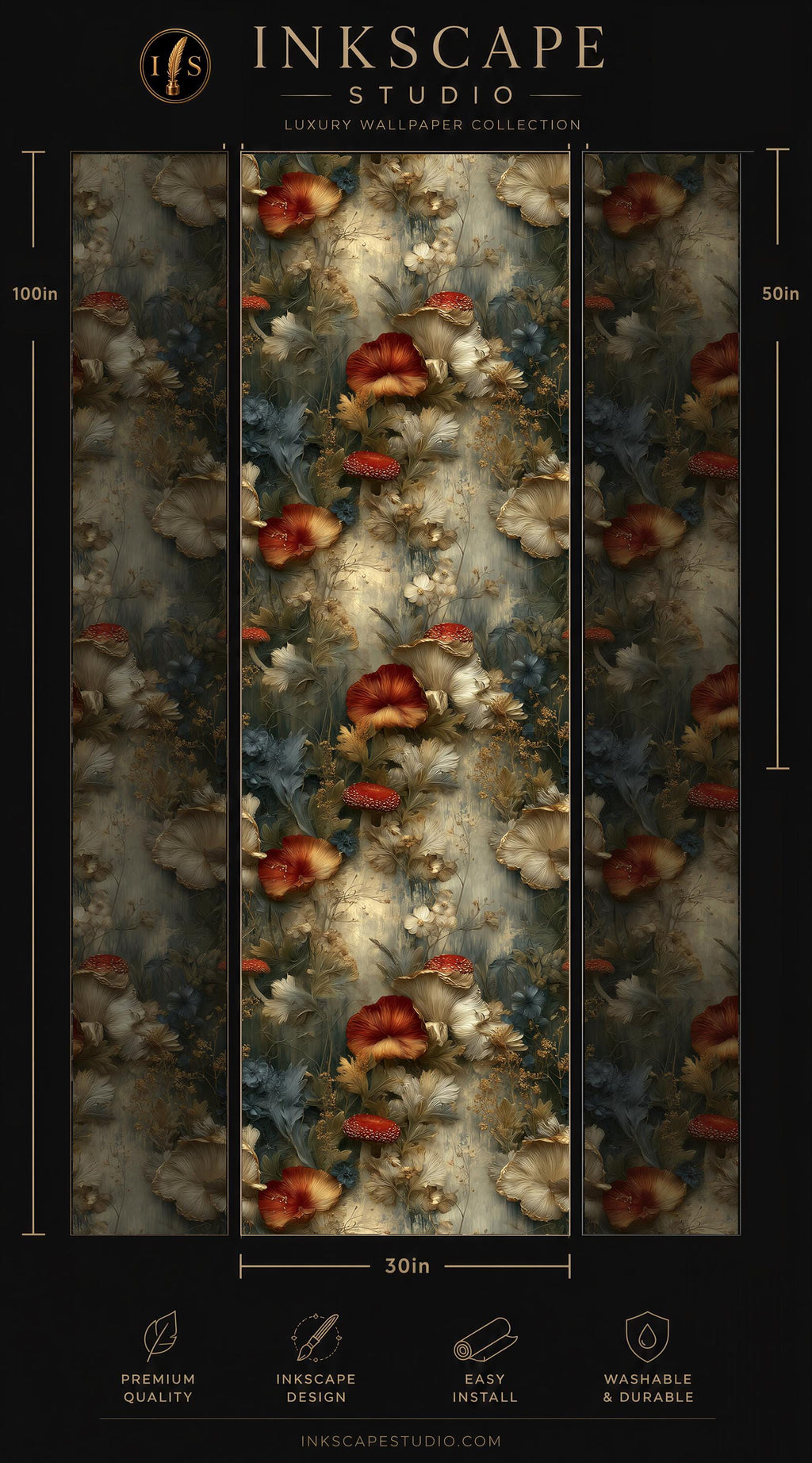 The image is a collage of three panels, each featuring a floral pattern in shades of red, white, and blue. The panels are arranged in a vertical format, with the largest panel at the top and the smallest at the bottom. The image is described as a luxury wallpaper collection from the Inkscape Studio, and it is 50 inches wide. The panels are designed to be easy to install and washable.