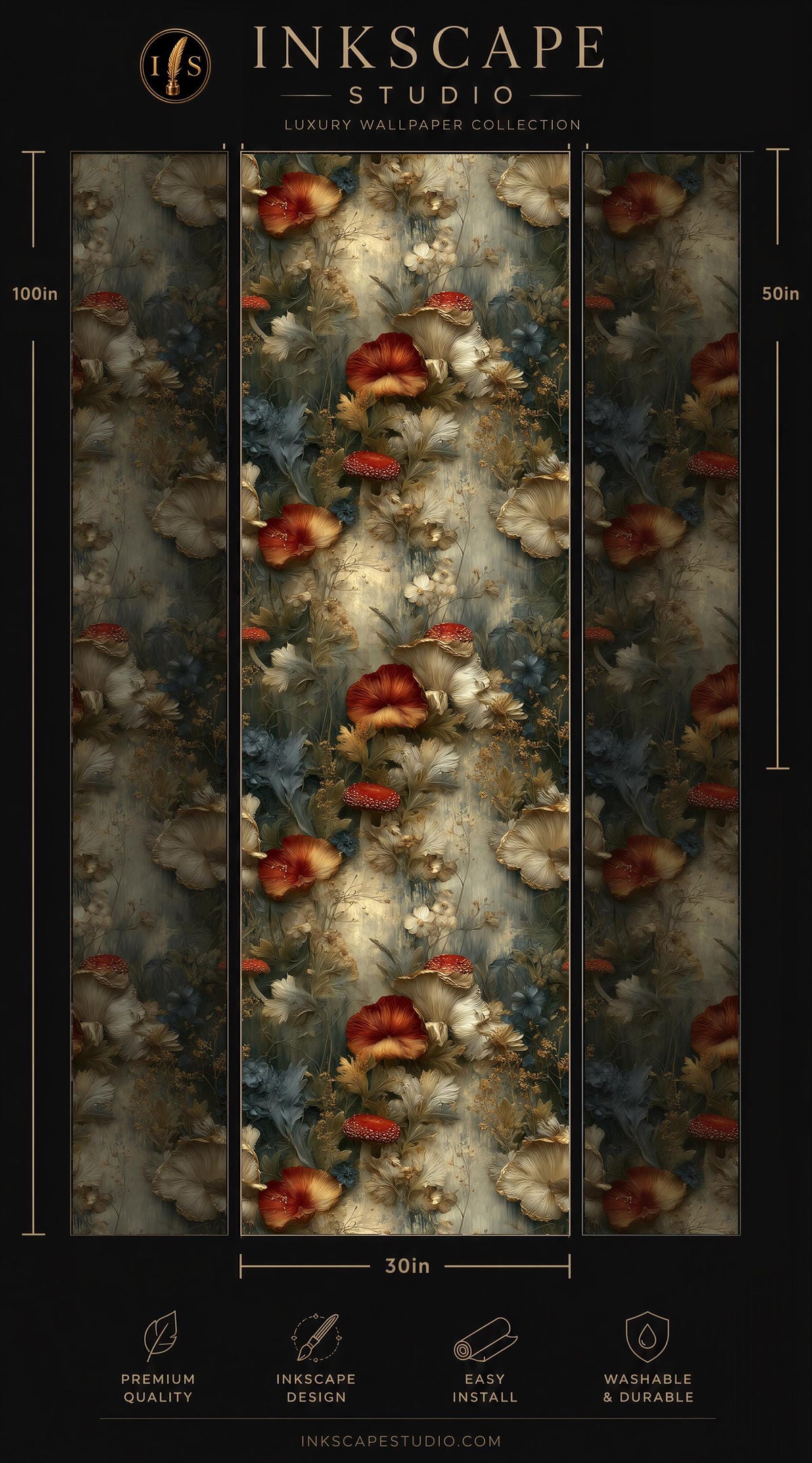 The image is a collage of three panels, each featuring a floral pattern in shades of red, white, and blue. The panels are arranged in a vertical format, with the largest panel at the top and the smallest at the bottom. The image is described as a luxury wallpaper collection from the Inkscape Studio, and it is 50 inches wide. The panels are designed to be easy to install and washable.