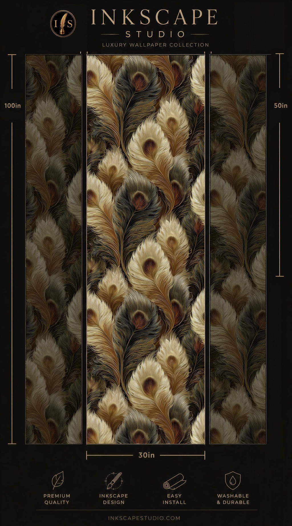 The image is a collage of three images featuring a repeating pattern of large, colorful feathers in shades of brown, black, and gold. The pattern is displayed in a vertical orientation, creating a visually striking and intricate design.