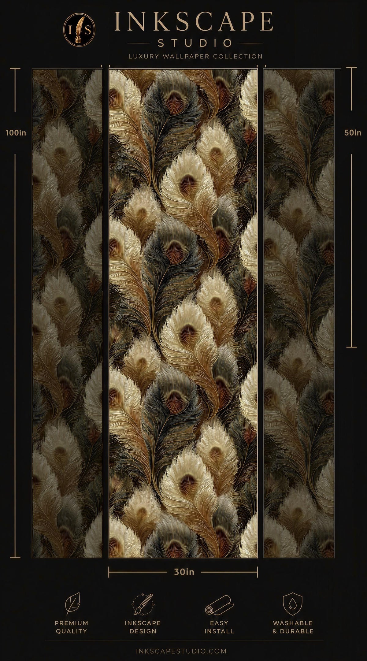The image is a collage of three images featuring a repeating pattern of large, colorful feathers in shades of brown, black, and gold. The pattern is displayed in a vertical orientation, creating a visually striking and intricate design.