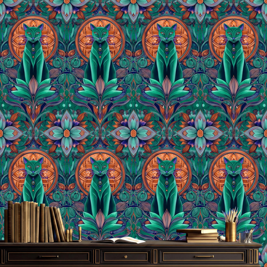a vibrant and intricate pattern of cats and flowers on a wall, with a bookshelf and various objects in the foreground.