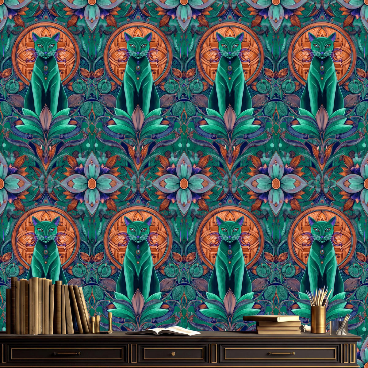 a vibrant and intricate pattern of cats and flowers on a wall, with a bookshelf and various objects in the foreground.