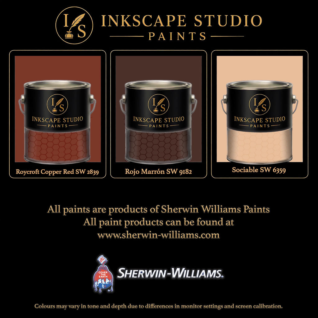 The image is an advertisement for Sherwin Williams paints, featuring three different paint colors: copper red, rojo marron, and social. The text highlights that all paints are products of Sherwin Williams Paints, and the website www.herwin-williams.com is provided for further information. The image also mentions that the colors may vary in terms of tone and depth due to differences in monitor settings and screen calibration.