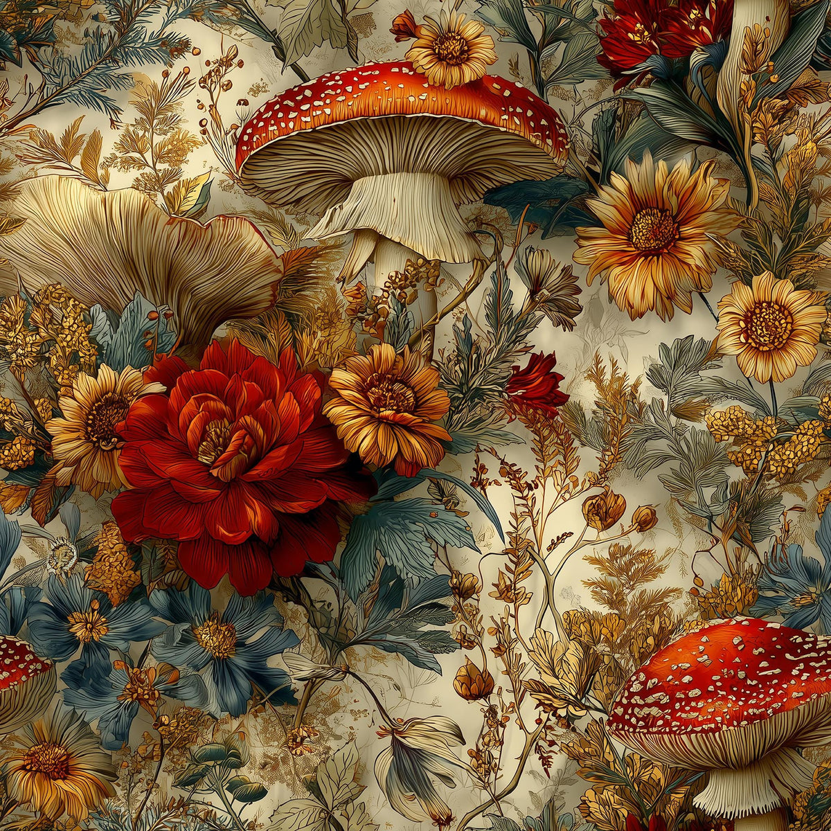 a painting of flowers and mushrooms on a white background