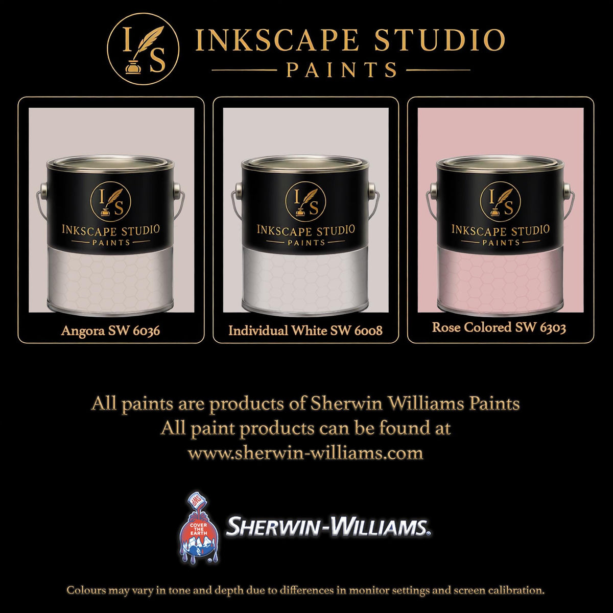 The image is an advertisement for Sherwin Williams paints, featuring three different paint color samples from the Inkscape Studio.
