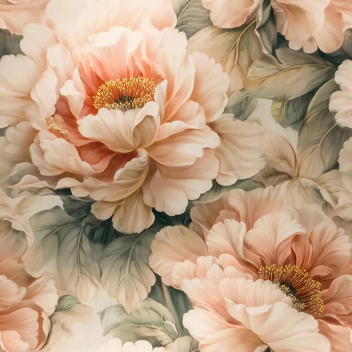 The image is a close-up of a beautiful arrangement of large, delicate peach-colored flowers with green leaves. The flowers are the main focus of the image, with their vibrant colors and intricate details creating a visually striking composition.
