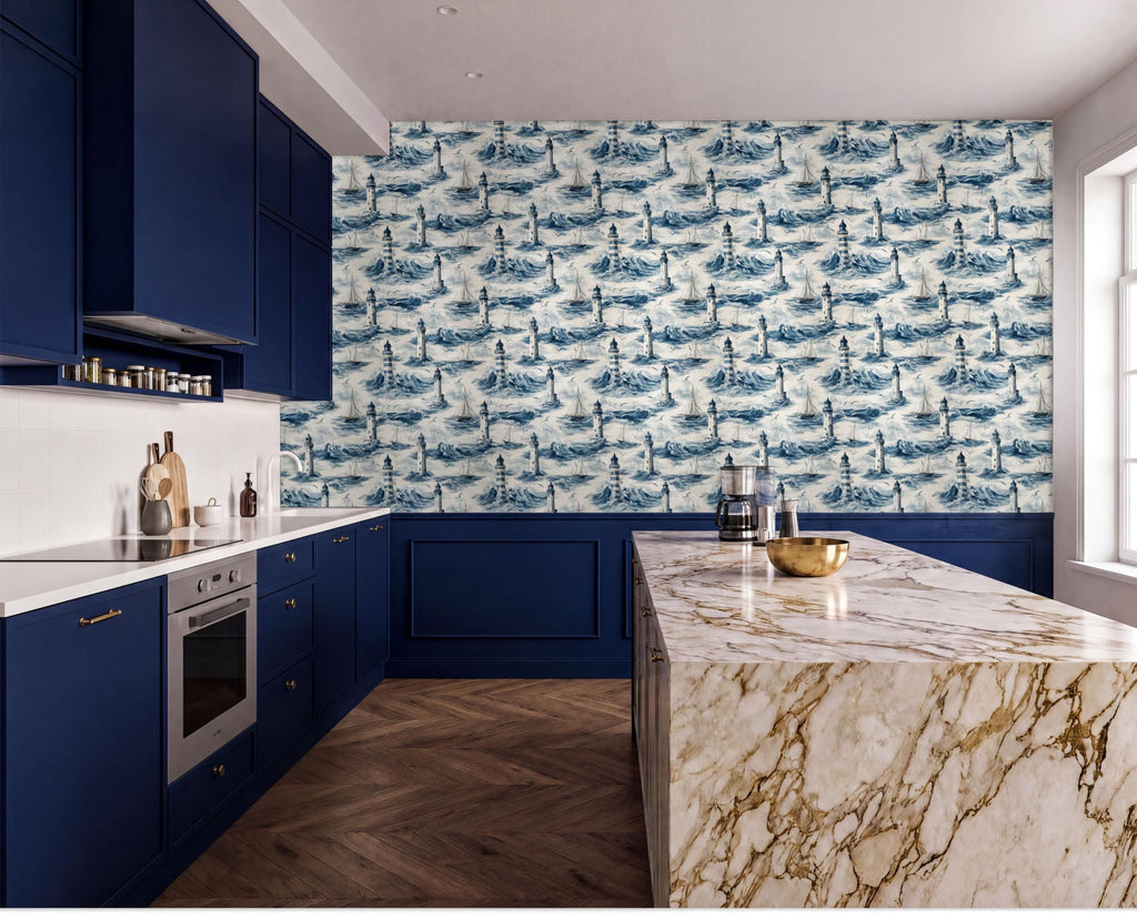 The image showcases a modern kitchen with a marble countertop and dark blue cabinets. The countertop has a marble-like texture and is adorned with a gold bowl and a silver teapot. The walls are decorated with a blue and white patterned wallpaper, and the floor is made of wood. The kitchen also features a large window that allows natural light to enter the space.