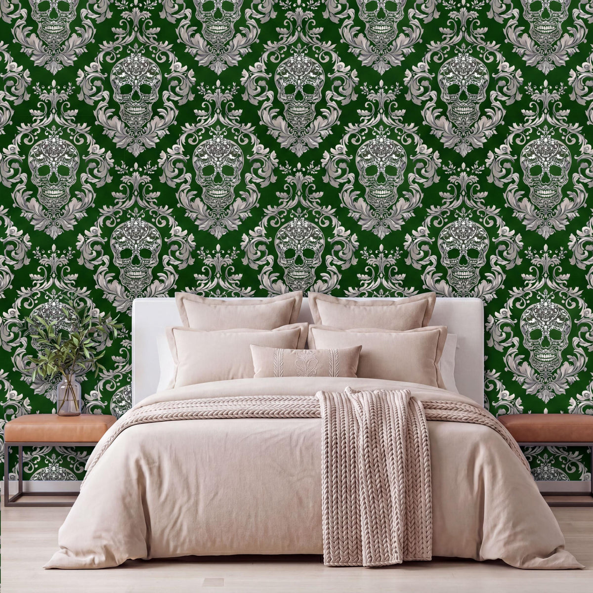 a bedroom with a large bed, a wooden nightstand, and a wallpapered wall with a repeating pattern of skull designs in shades of green and white.