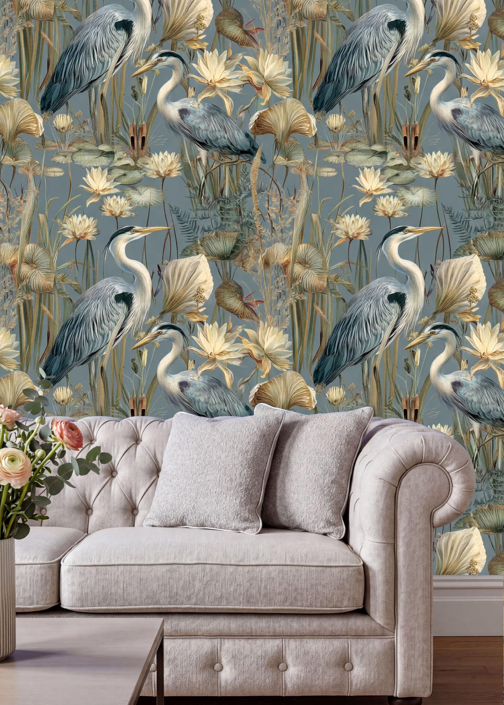 a living room with a white sofa and a coffee table. The sofa is positioned against a wall with a vibrant wallpaper depicting a lush garden scene with various birds, flowers, and foliage.