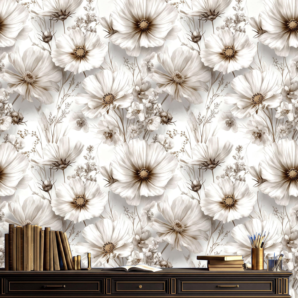 a wallpapered wall with a floral pattern, a wooden shelf with books, and a small table with a vase of flowers and a cup.