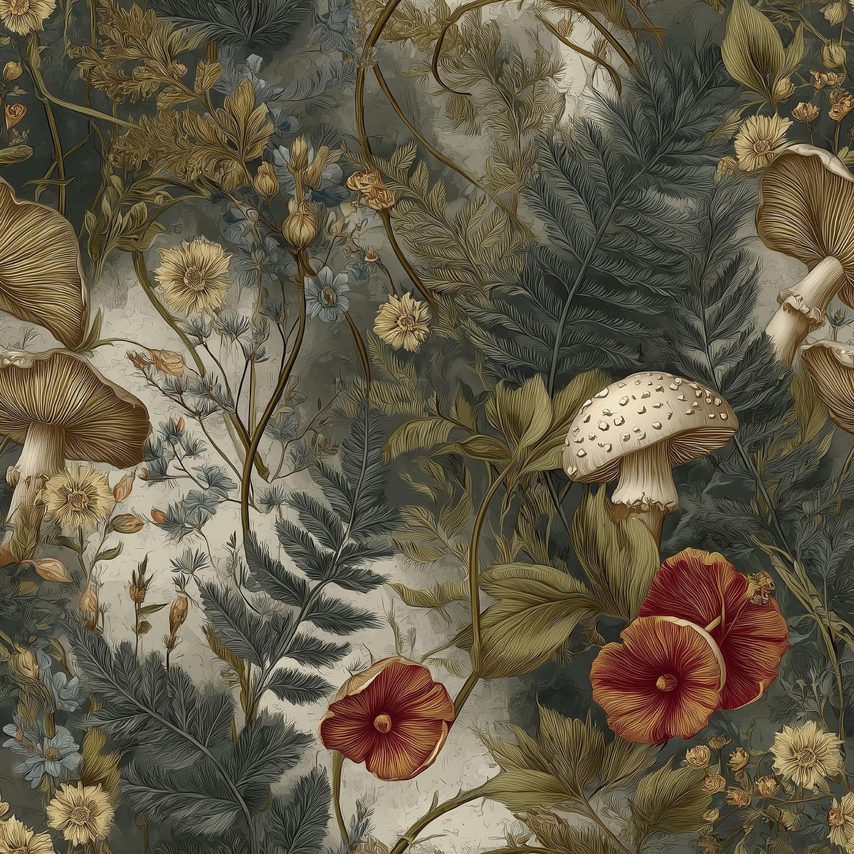 The image is a detailed illustration of a lush, natural scene with various plants, flowers, and mushrooms. The colors used are predominantly green, brown, and red, creating a vibrant and visually appealing composition.