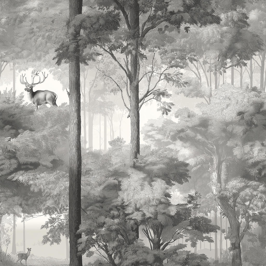 A black and white image depicting a forest scene with a deer standing on a tree branch in the foreground.