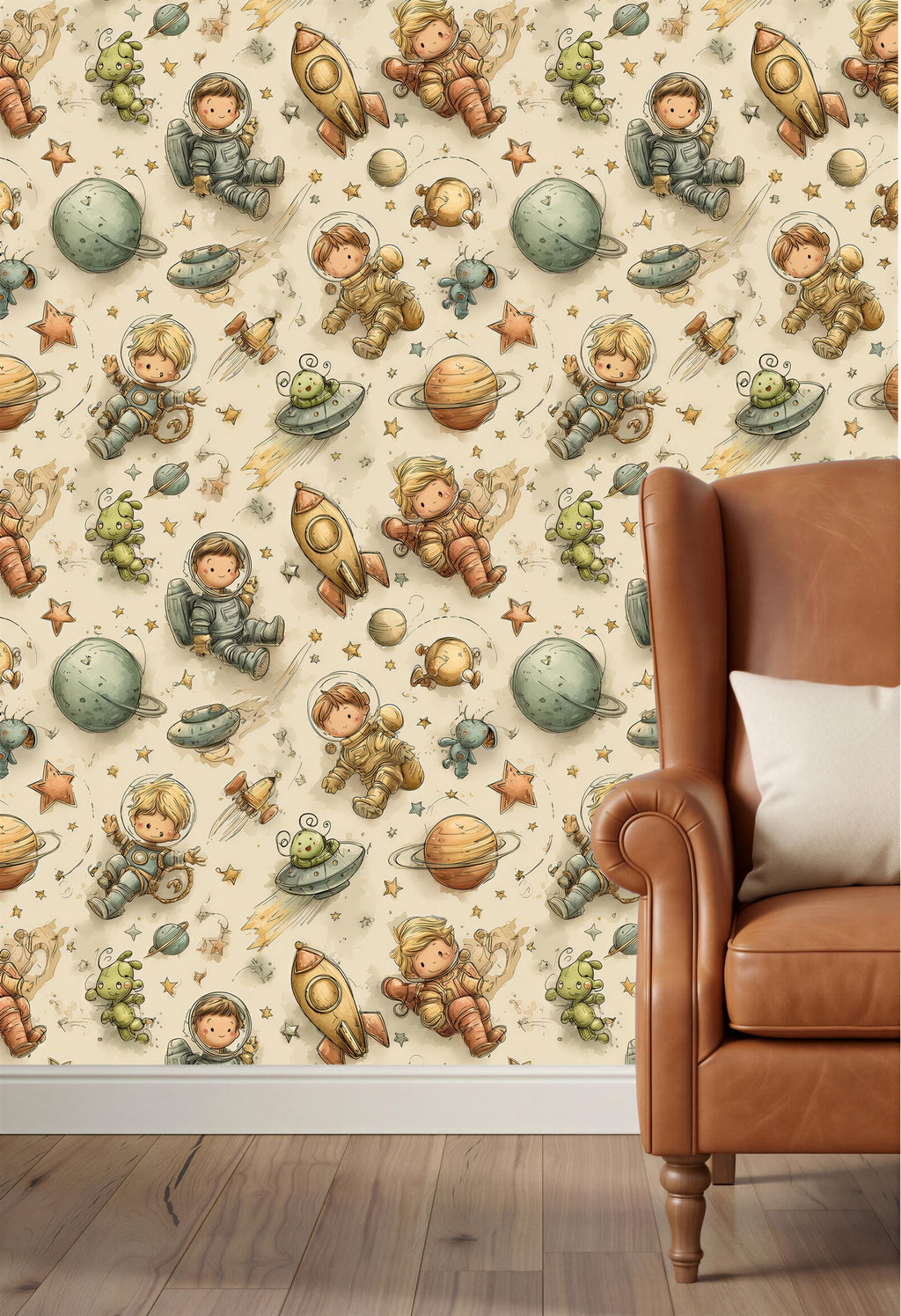 a wallpaper with a space-themed design, including various celestial objects, such as planets, stars, and comets, along with cartoon-style astronaut figures. The wallpaper is set against a brown leather armchair, creating a cozy and imaginative atmosphere.