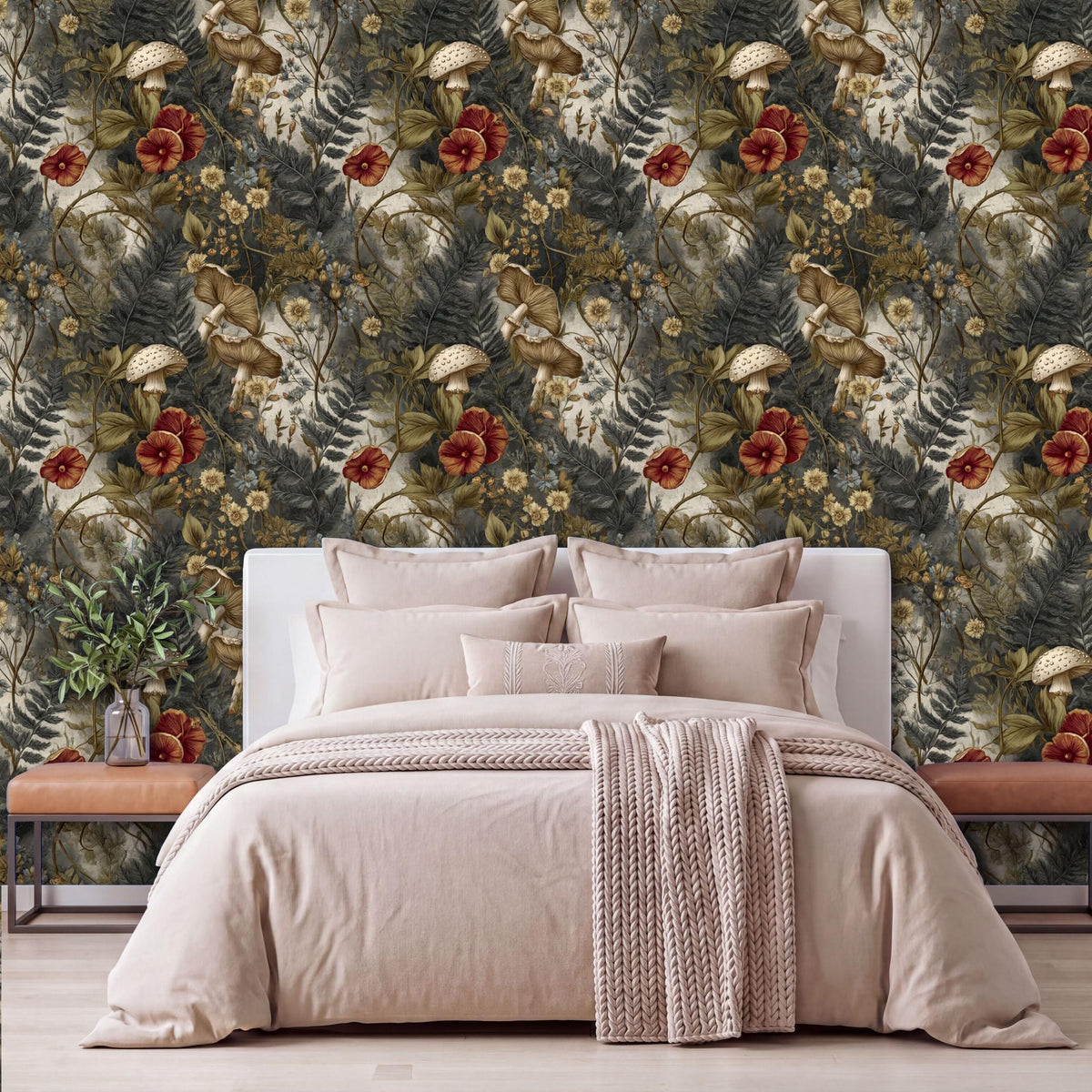 a bedroom with a large bed, a wooden nightstand, and a wallpapered wall with a floral pattern.