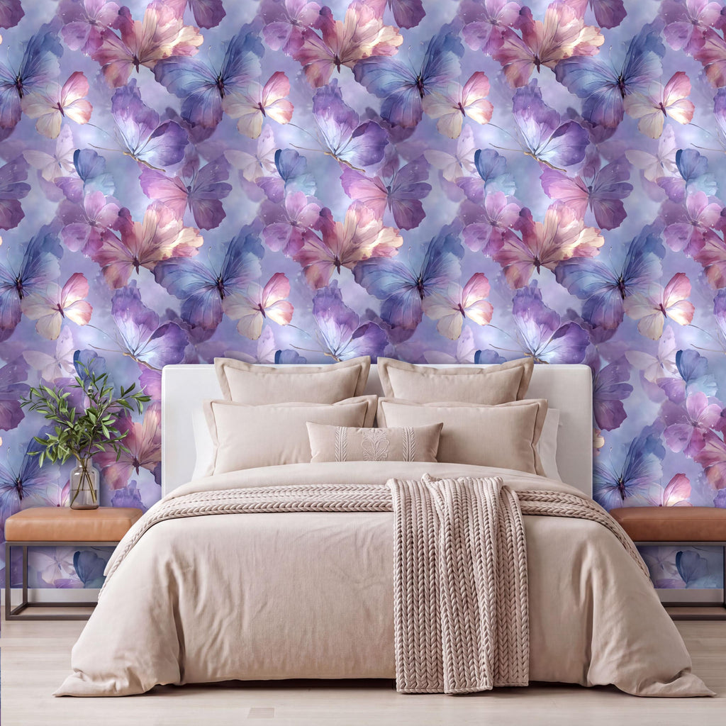 a bedroom with a large bed, a wooden nightstand, and a vase of flowers. The walls are covered in a vibrant, colorful floral wallpaper.