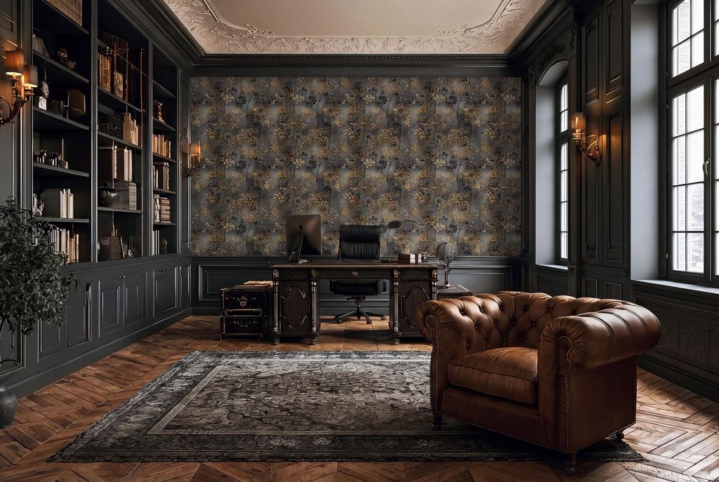 a luxurious and well-appointed home office with dark wood paneling, a large bookshelf, a tufted leather armchair, and a patterned area rug.