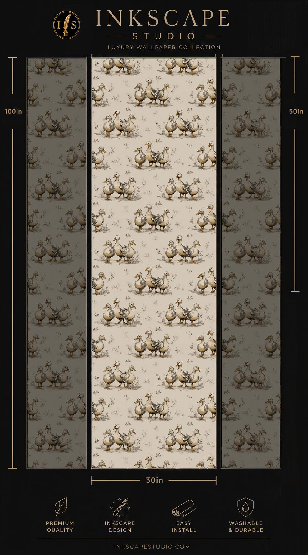 The image is a collage of three identical images, each depicting a pattern of ducks. The collage is titled "Inkscape Studio" and is part of a luxury wallpaper collection. The images are arranged in a vertical format, with each image being 50 inches tall. The collage is labeled with dimensions and features, such as "Premium quality", "Easy installation", and "Washable & durable".
