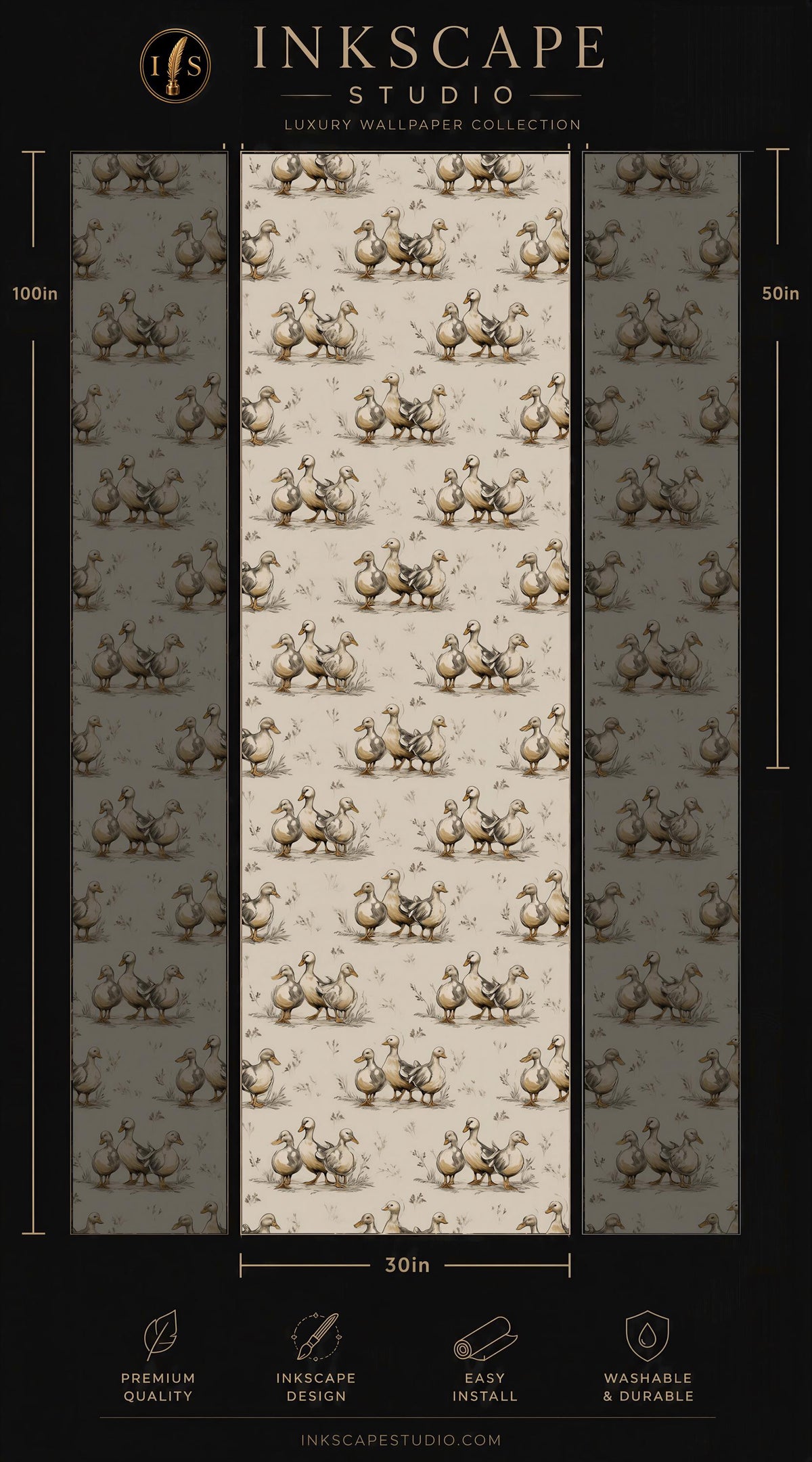 The image is a collage of three identical images, each depicting a pattern of ducks. The collage is titled "Inkscape Studio" and is part of a luxury wallpaper collection. The images are arranged in a vertical format, with each image being 50 inches tall. The collage is labeled with dimensions and features, such as "Premium quality", "Easy installation", and "Washable & durable".