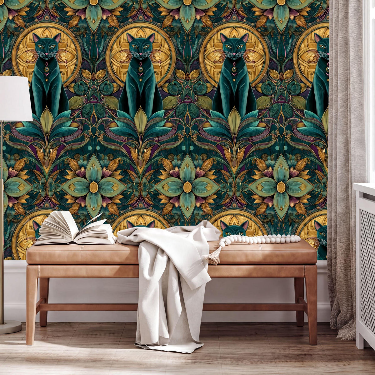a vibrant and intricate wall mural with a repeating pattern of cats and flowers in shades of green, gold, and purple. The mural is displayed on a wall in a room with a wooden bench and a white blanket.