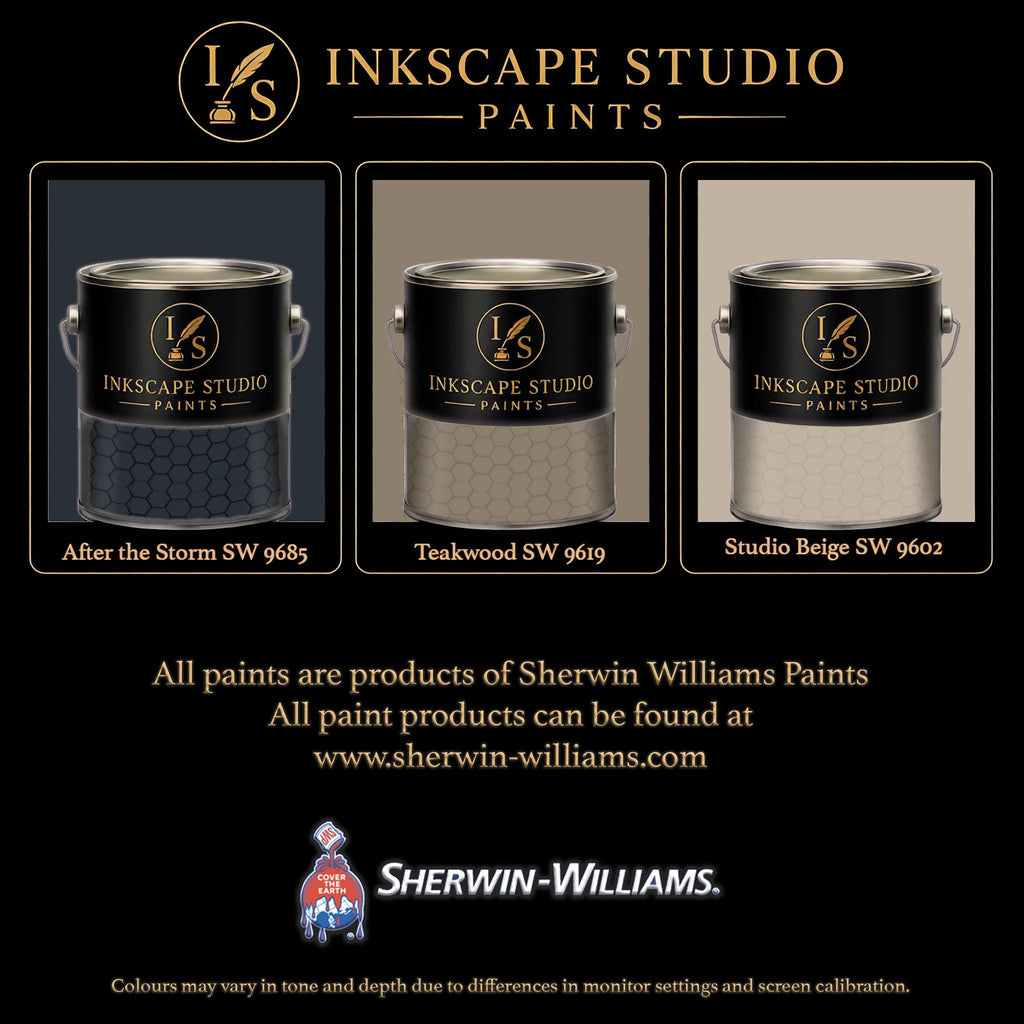 The image is an advertisement for Sherwin Williams paints, featuring three different paint color samples from the Inkscape Studio.