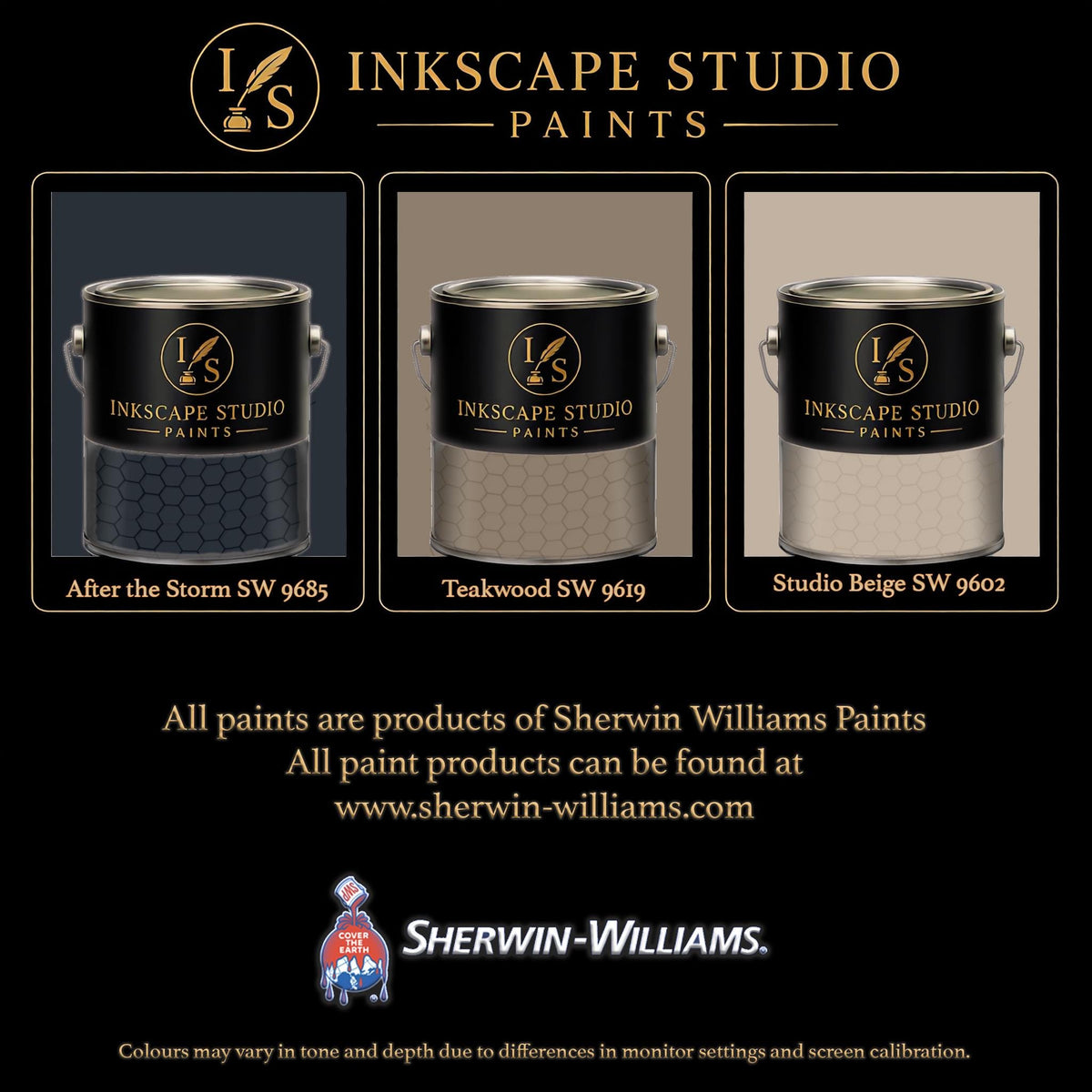 The image is an advertisement for Sherwin Williams paints, featuring three different paint color samples from the Inkscape Studio.